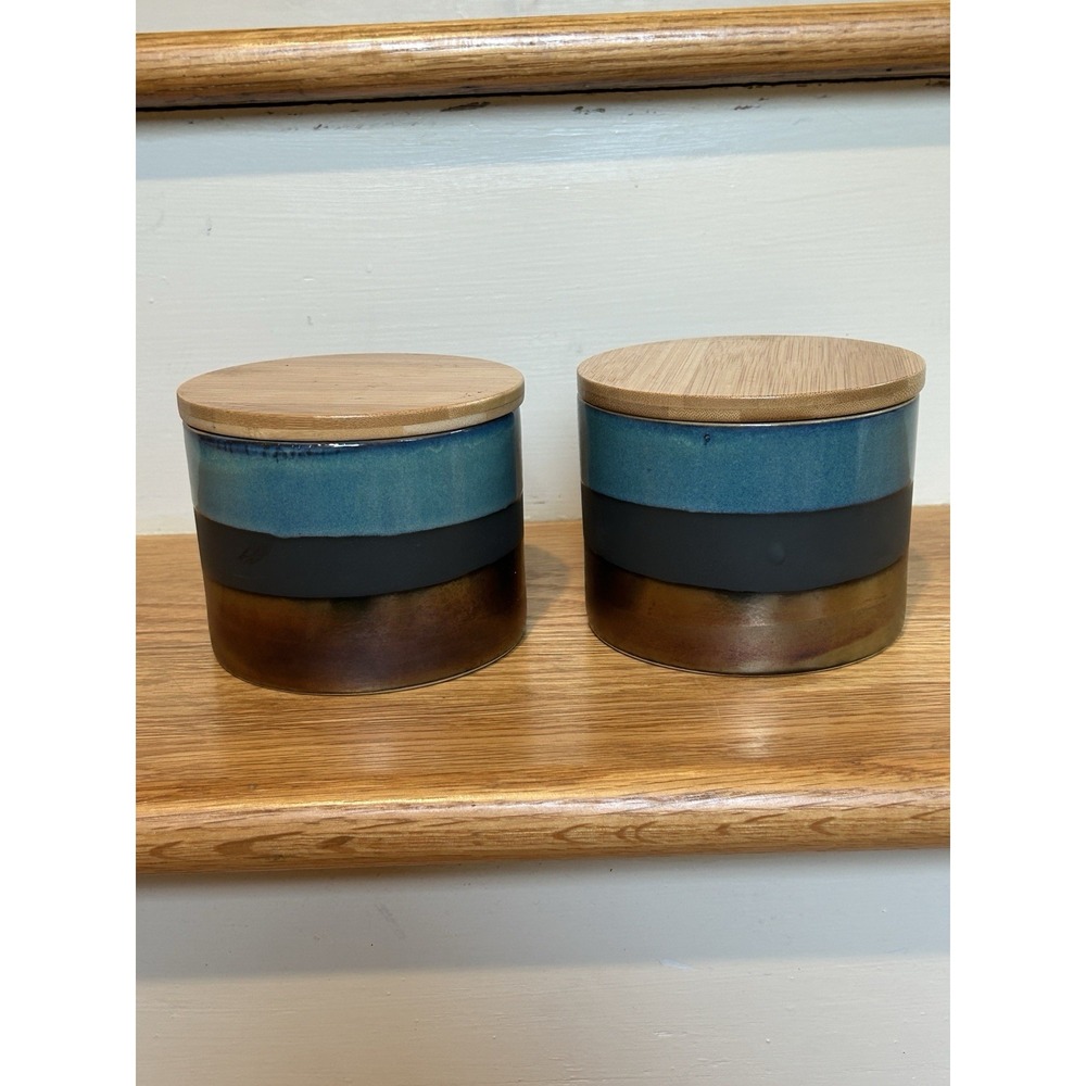 2 American Atelier Stoneware Blue, Grey & Iridescent Jar Set, 2 Jars And 2 Lids